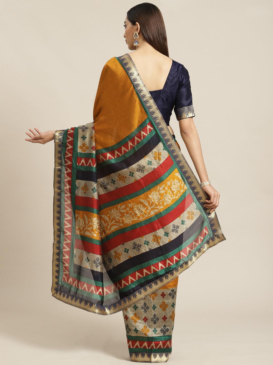 Yellow Printed Polyester Saree