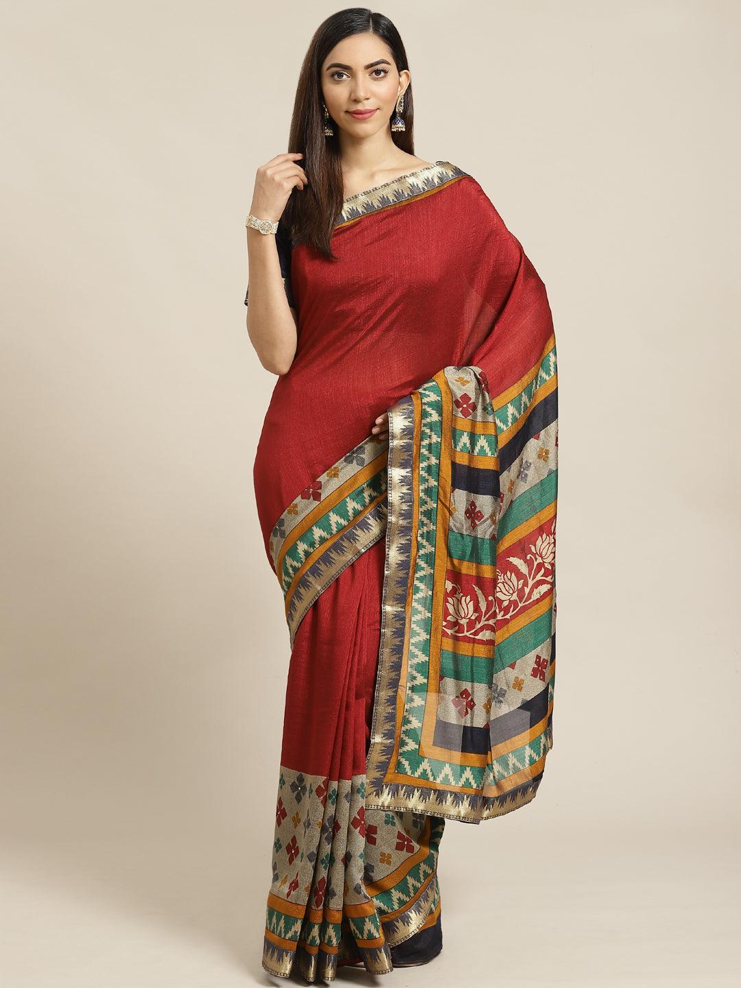 Maroon Printed Polyester Saree