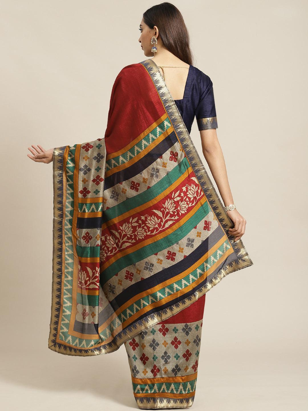 Maroon Printed Polyester Saree