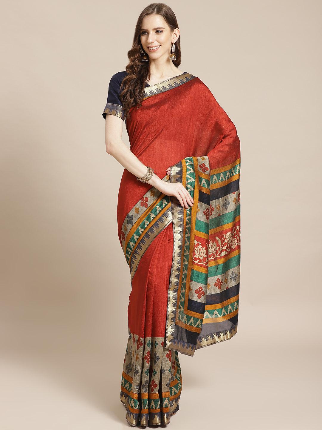 Orange Printed Polyester Saree