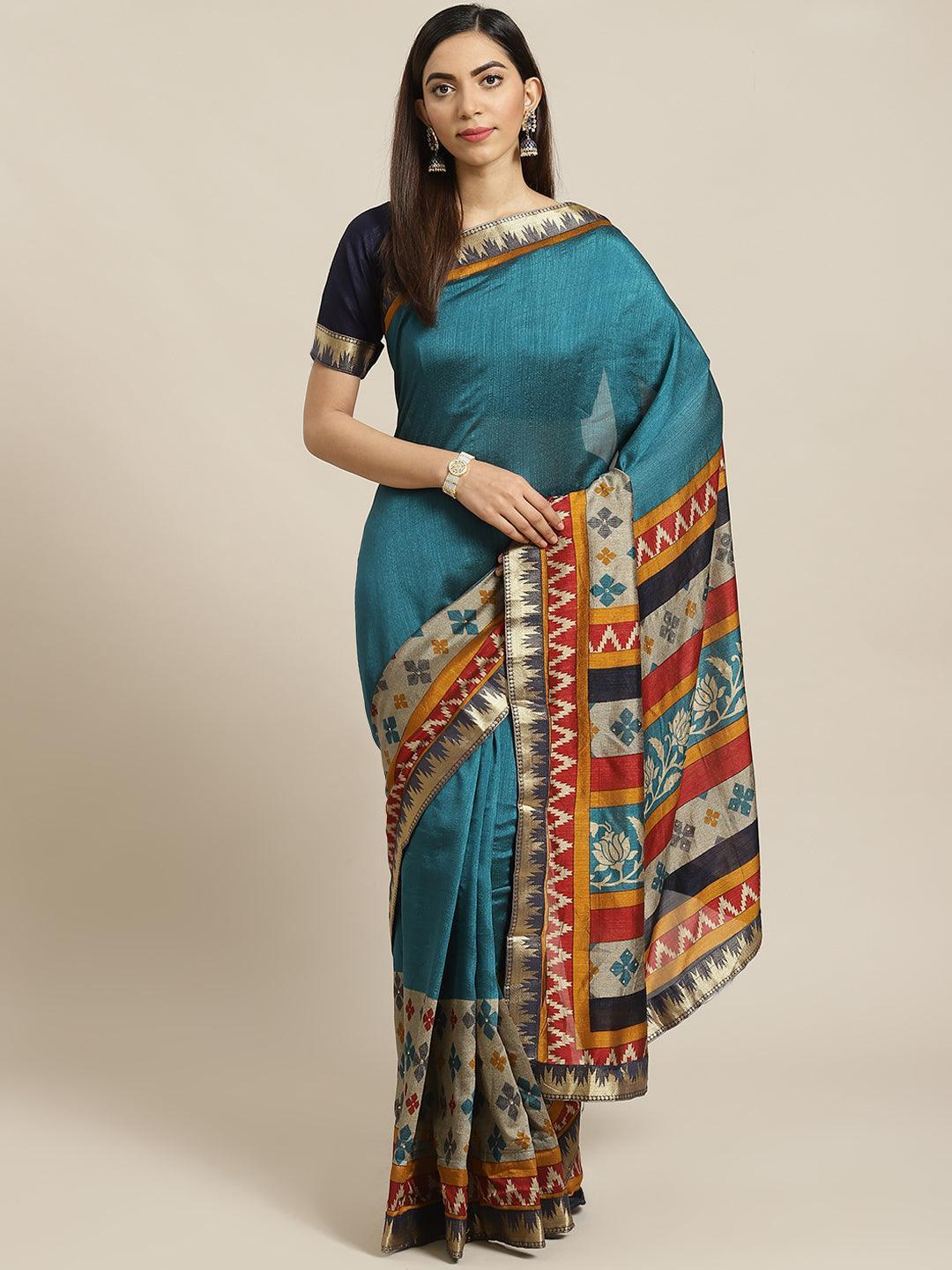 Blue Printed Polyester Saree