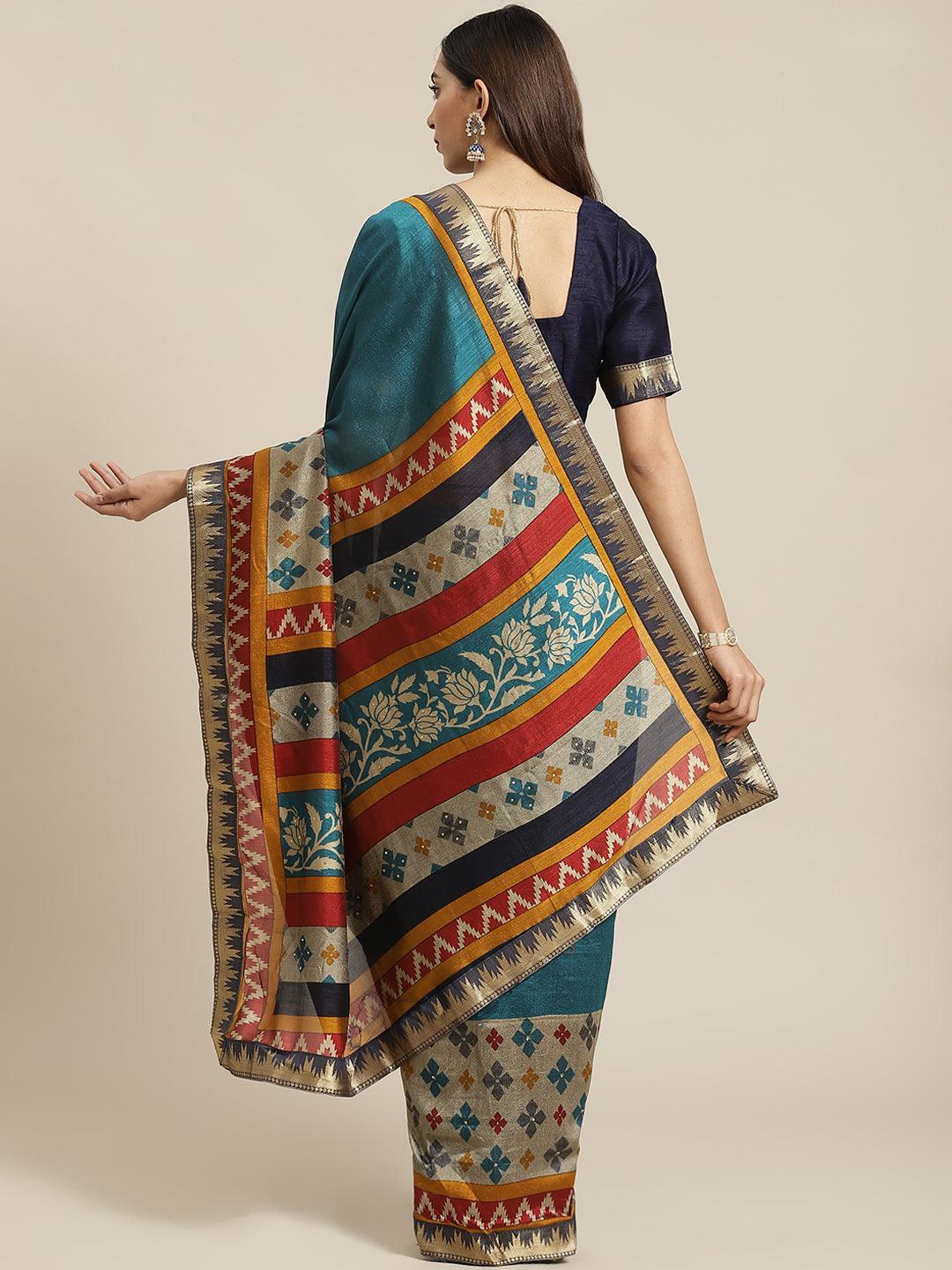 Blue Printed Polyester Saree