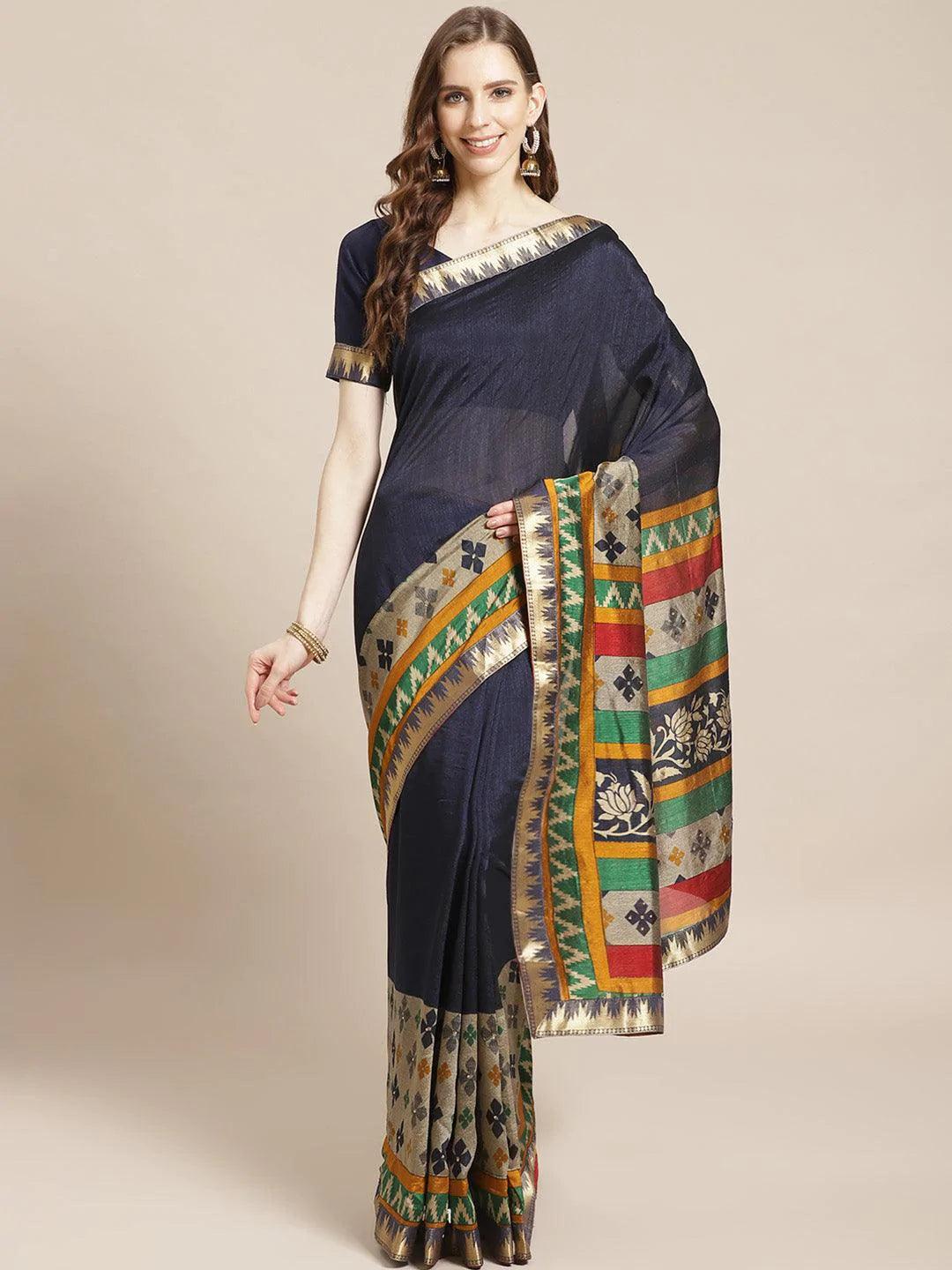 Blue Printed Polyester Saree