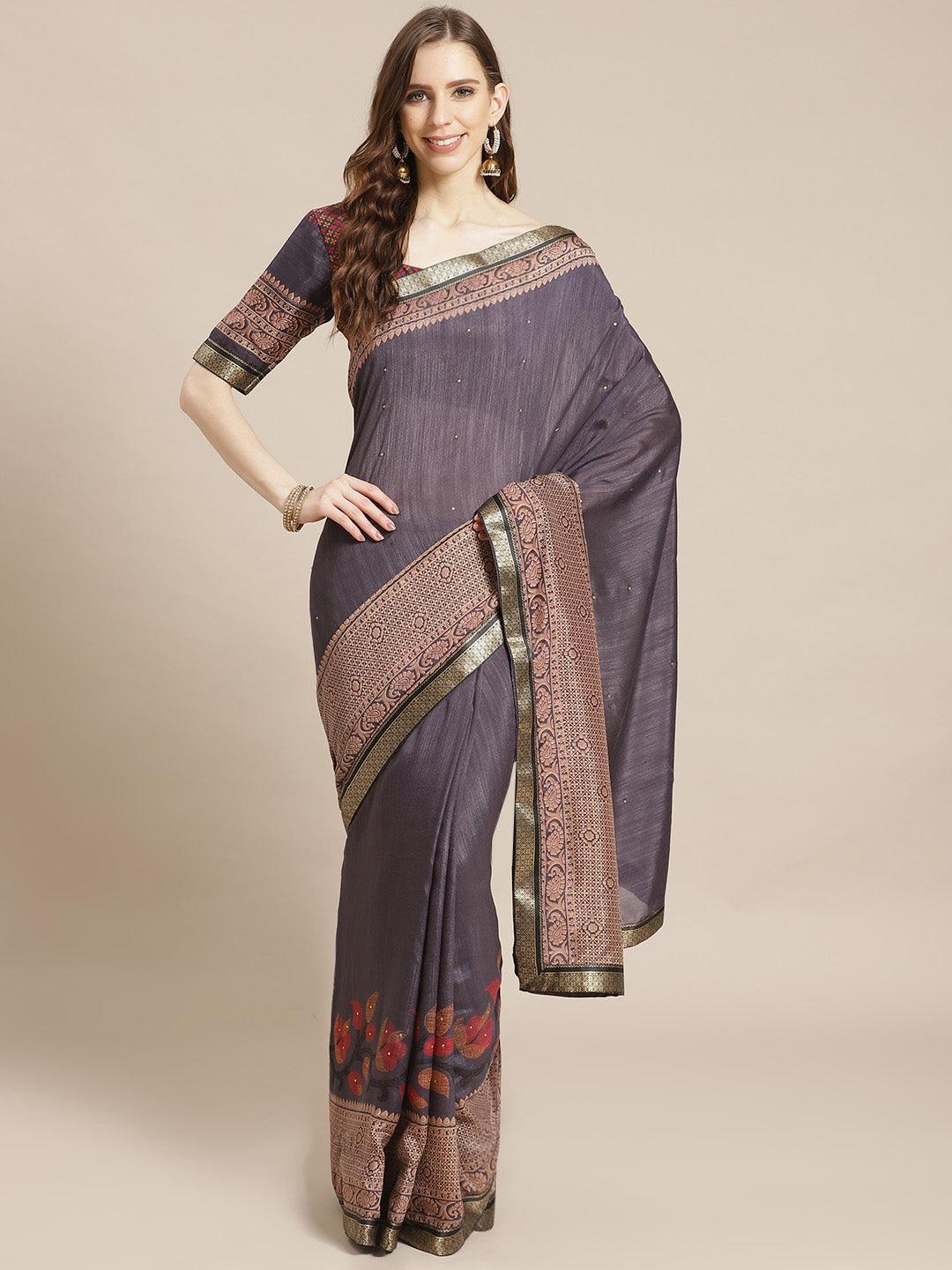 Navy Blue Printed Chiffon Saree