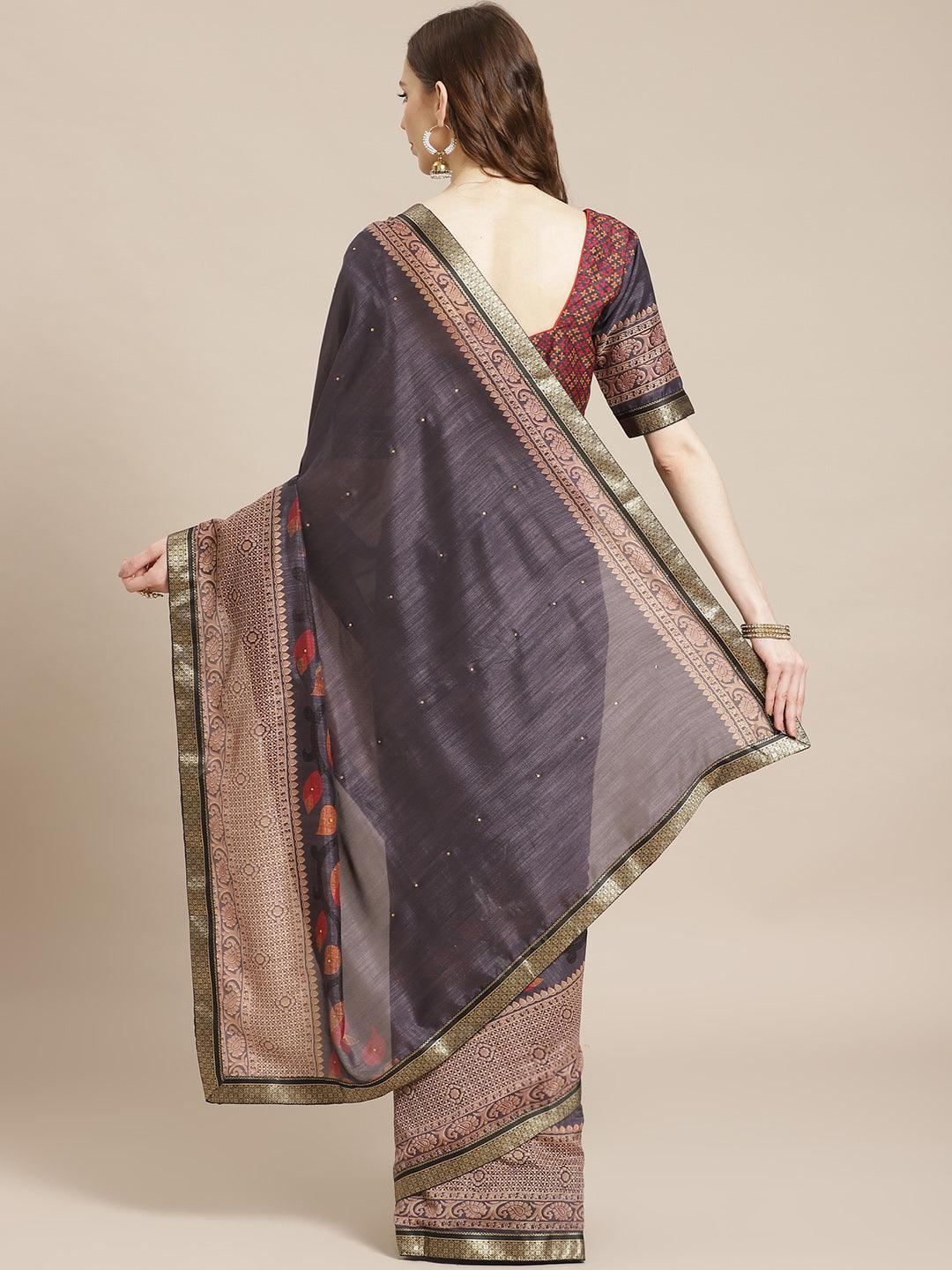 Navy Blue Printed Chiffon Saree