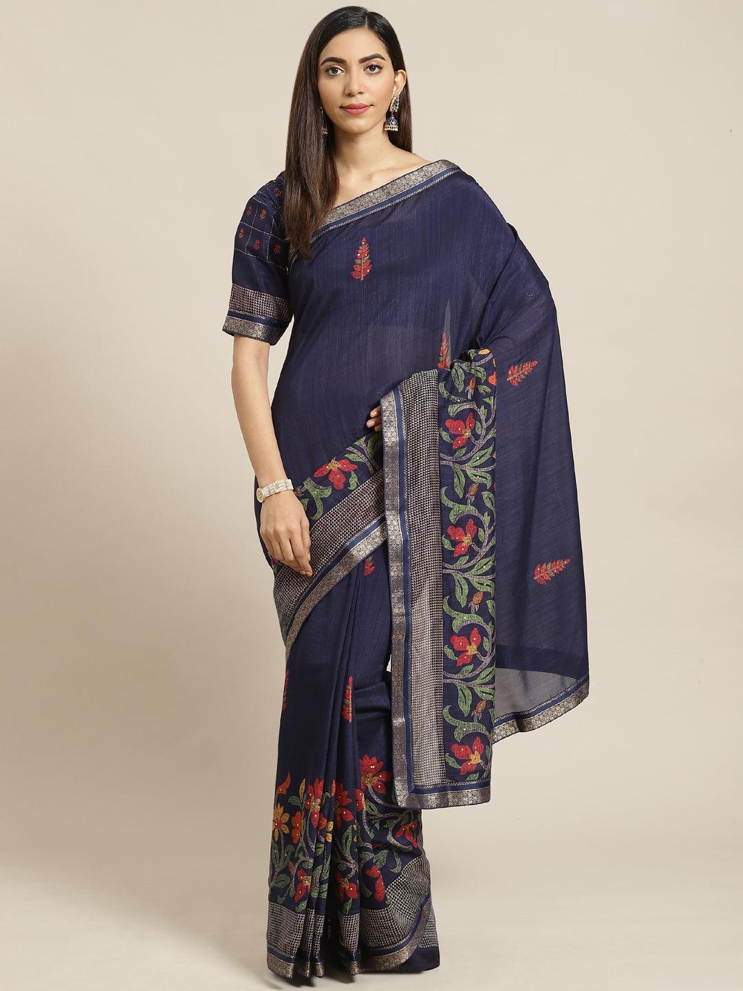 Navy Blue Printed Chiffon Saree