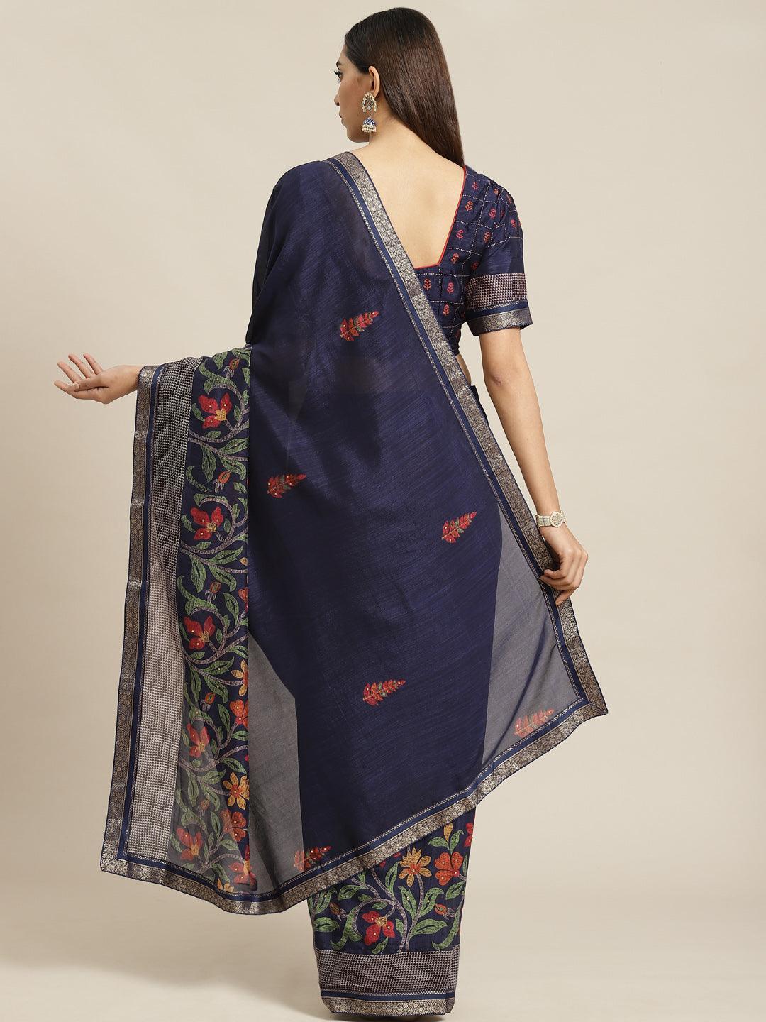 Navy Blue Printed Chiffon Saree