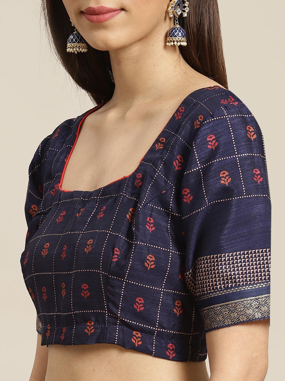 Navy Blue Printed Chiffon Saree