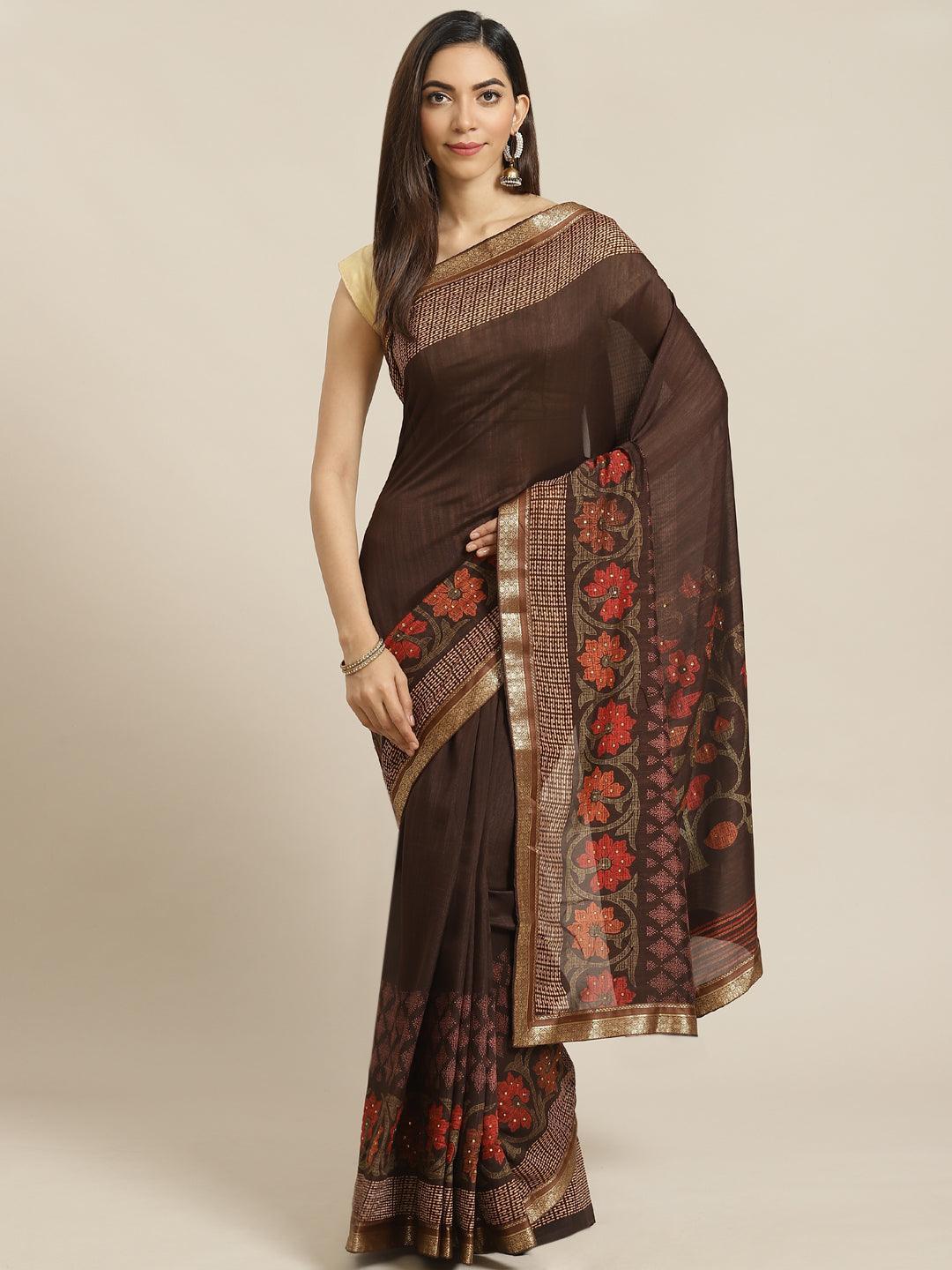 Brown Printed Chiffon Saree