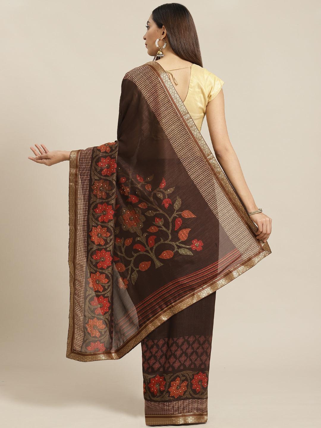 Brown Printed Chiffon Saree