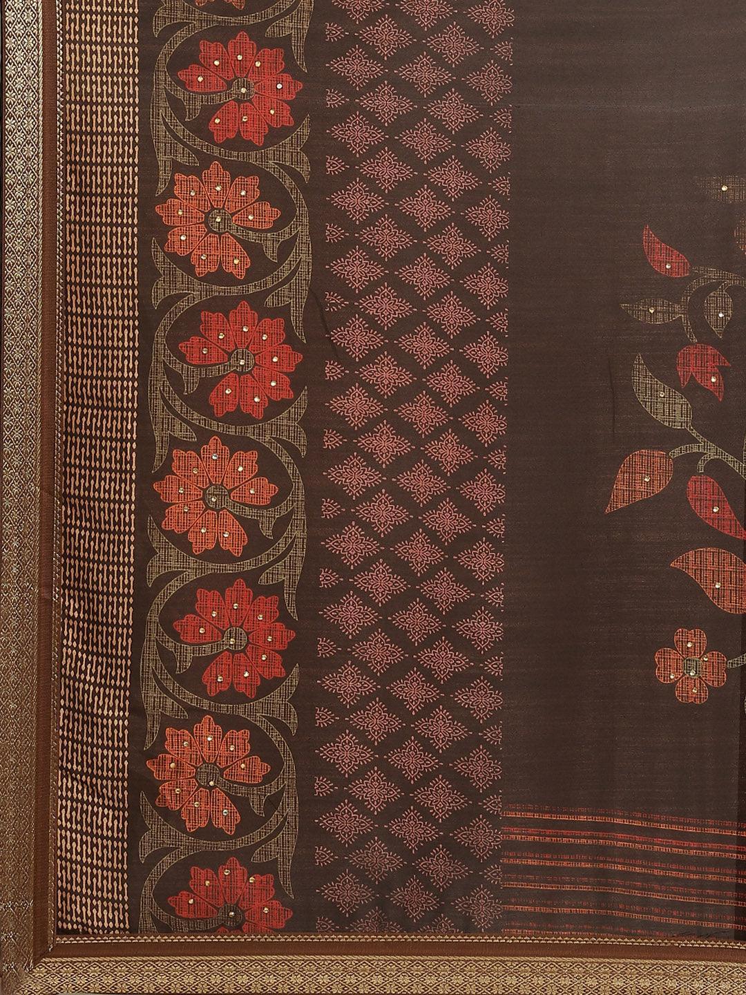 Brown Printed Chiffon Saree