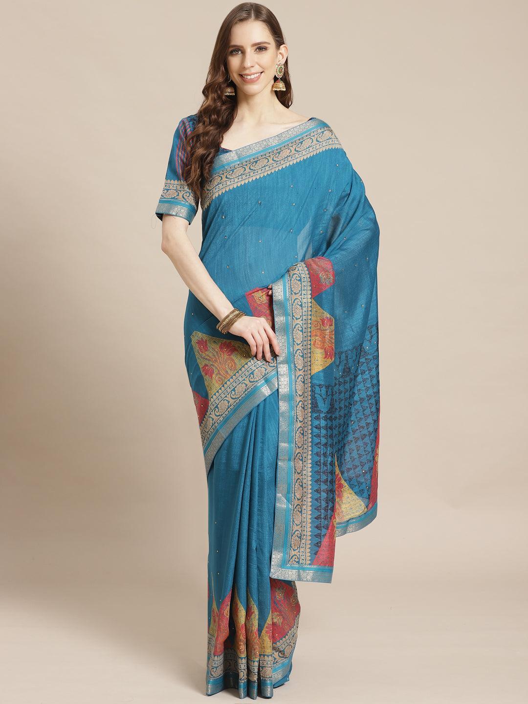 Blue Printed Chiffon Saree