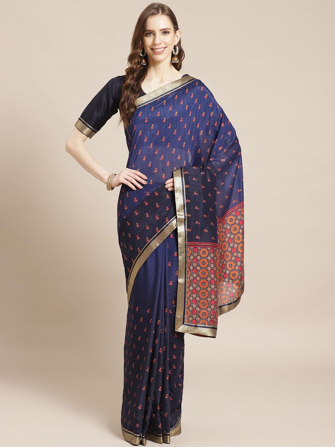 Blue Printed Polyester Saree