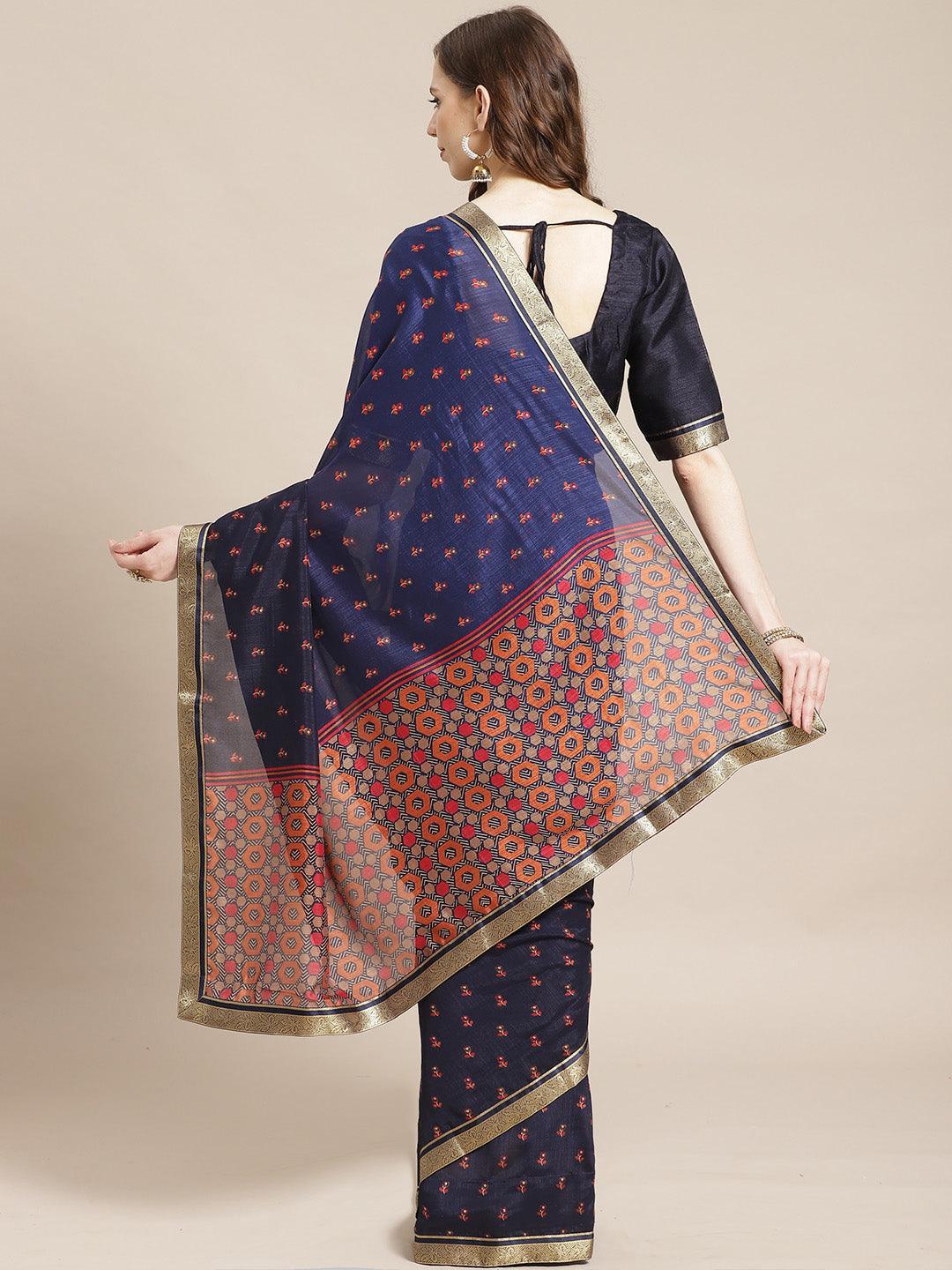 Blue Printed Polyester Saree