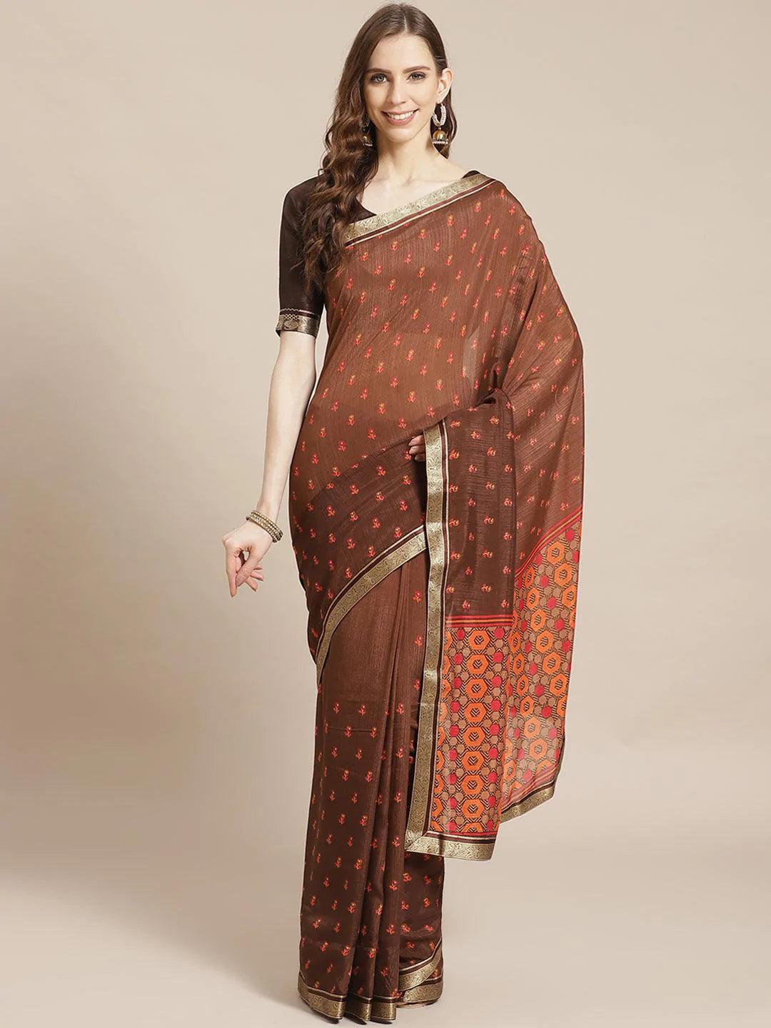 Brown Printed Polyester Saree