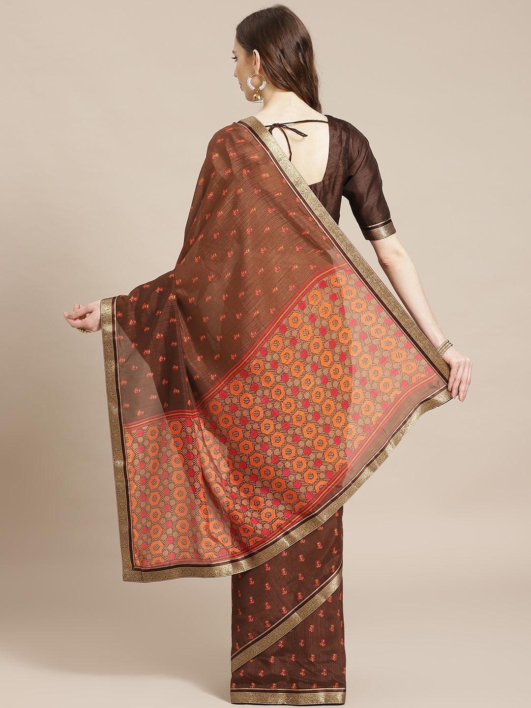 Brown Printed Polyester Saree