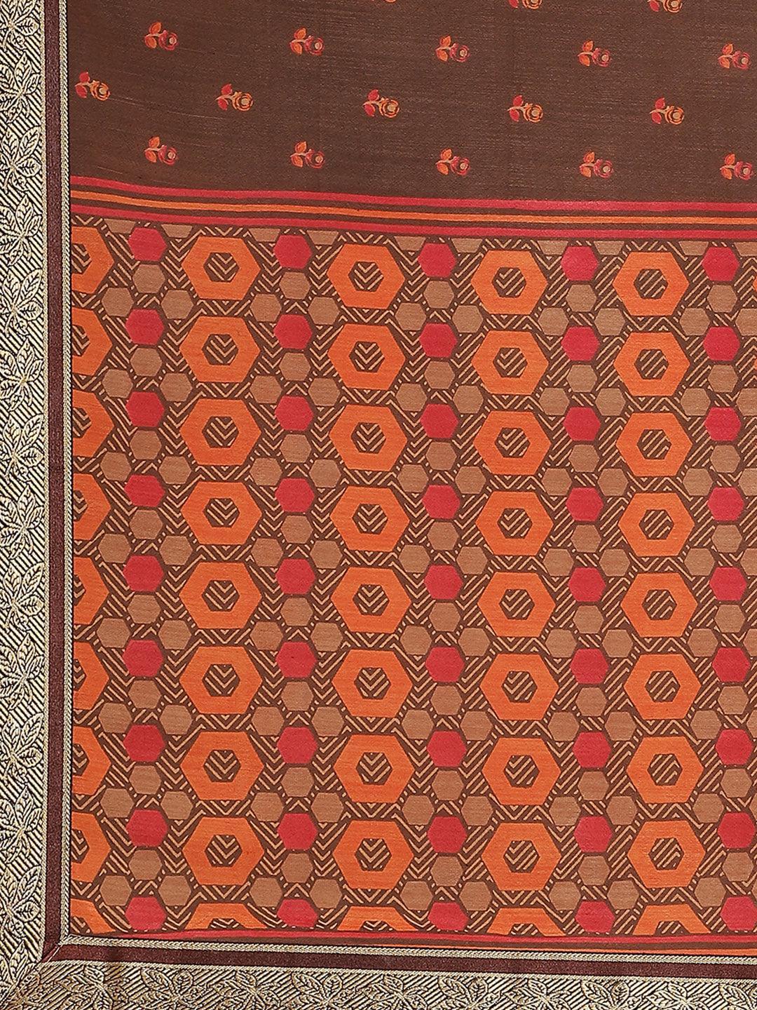 Brown Printed Polyester Saree