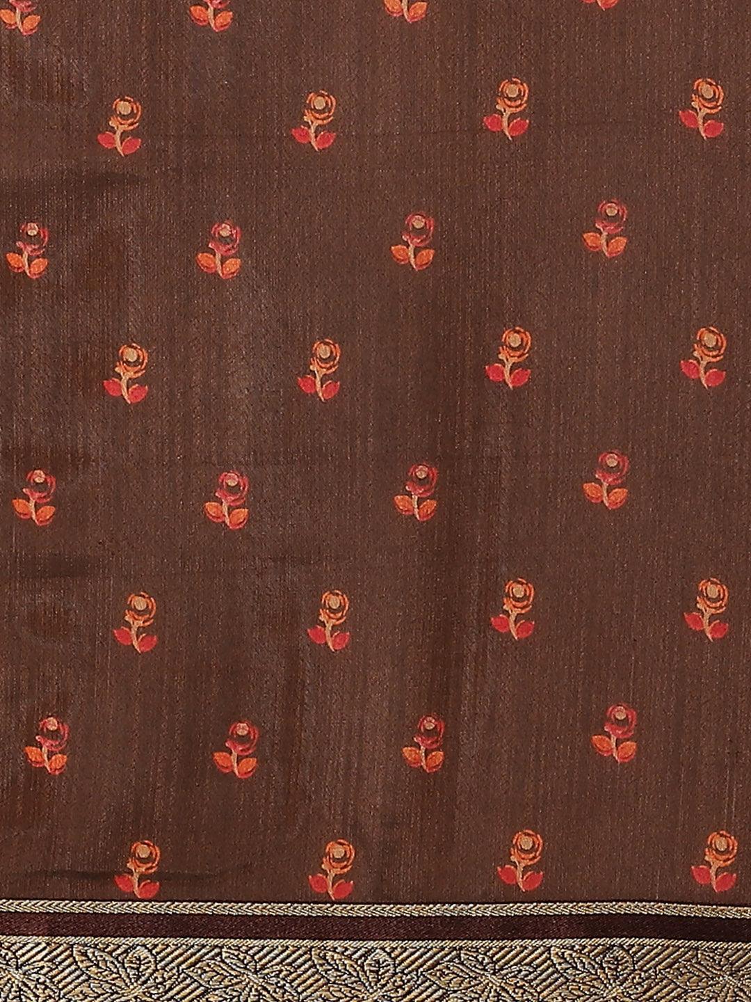 Brown Printed Polyester Saree