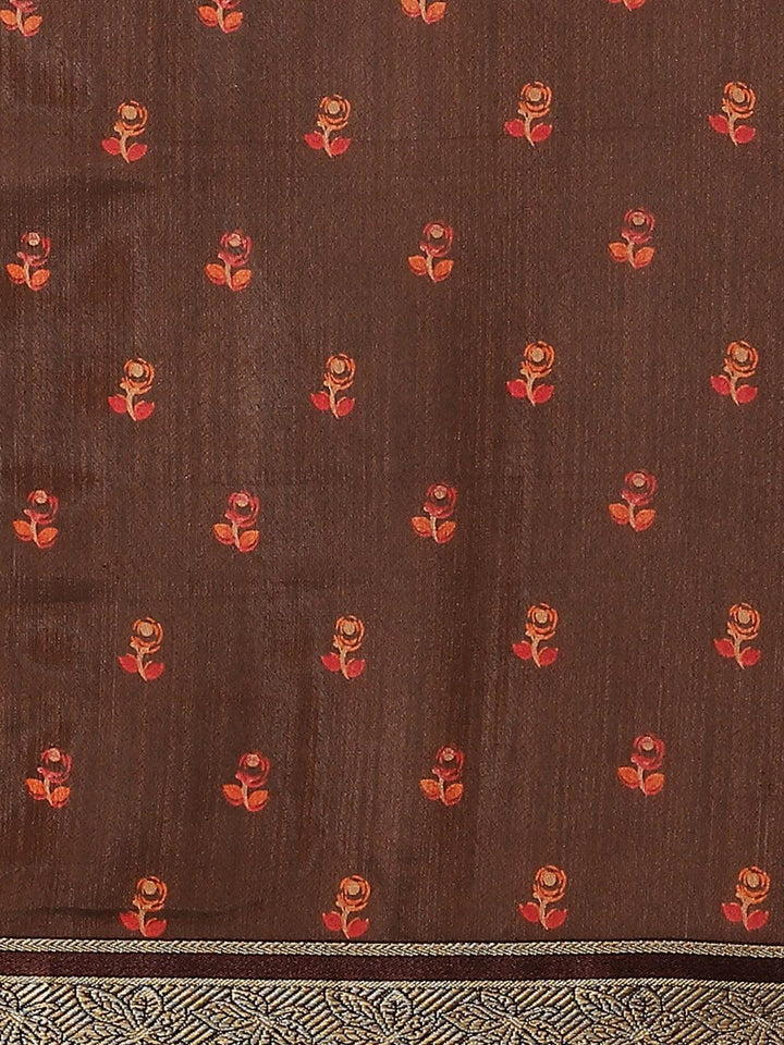 Brown Printed Polyester Saree - ShopLibas