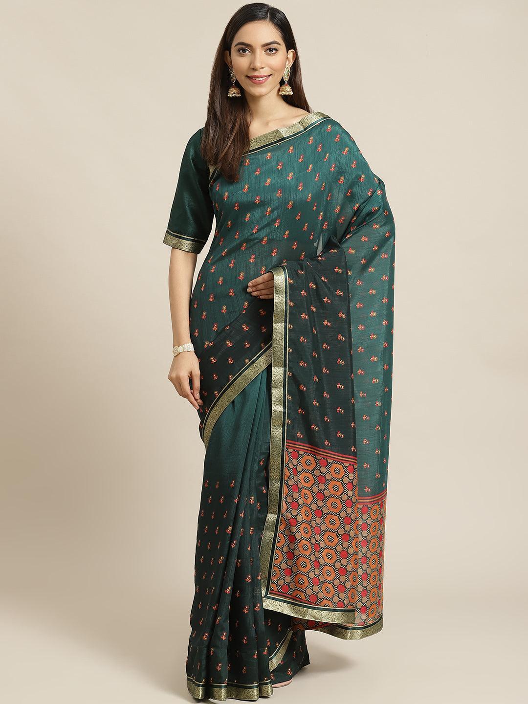 Green Printed Polyester Saree