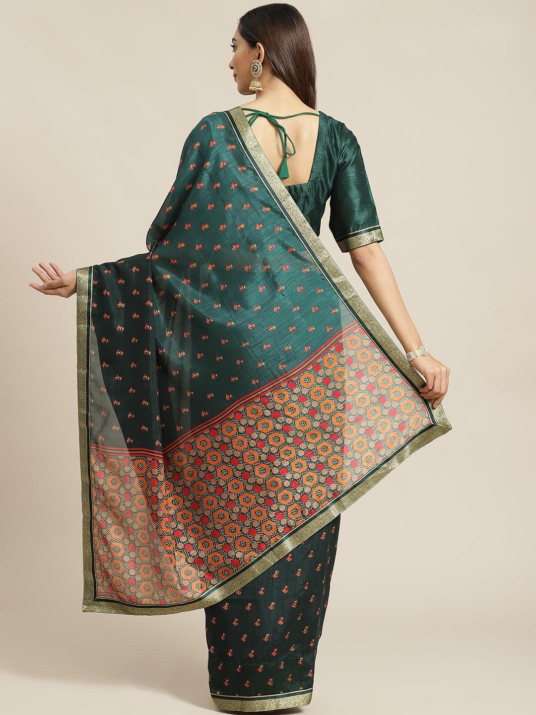 Green Printed Polyester Saree