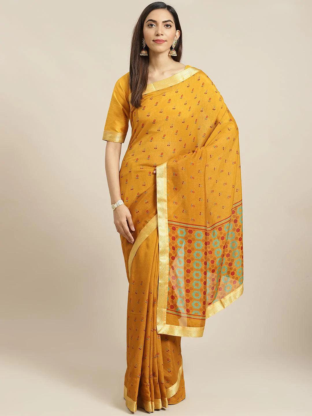 Yellow Printed Polyester Saree