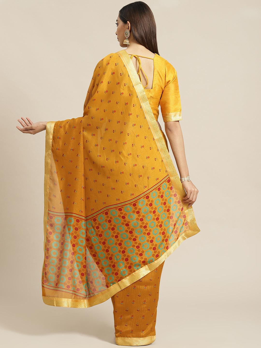 Yellow Printed Polyester Saree