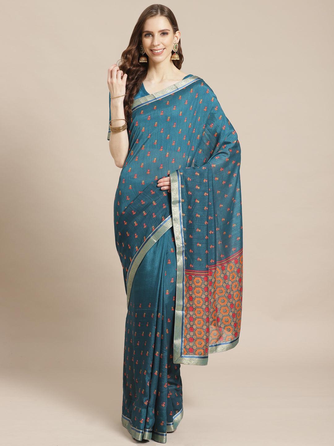 Blue Printed Polyester Saree