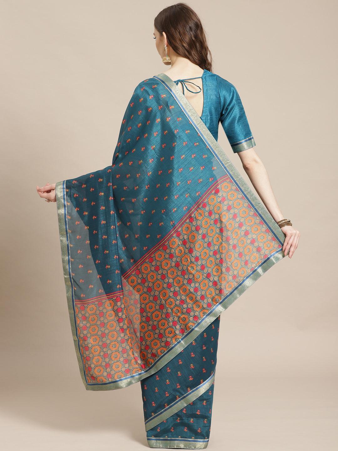 Blue Printed Polyester Saree