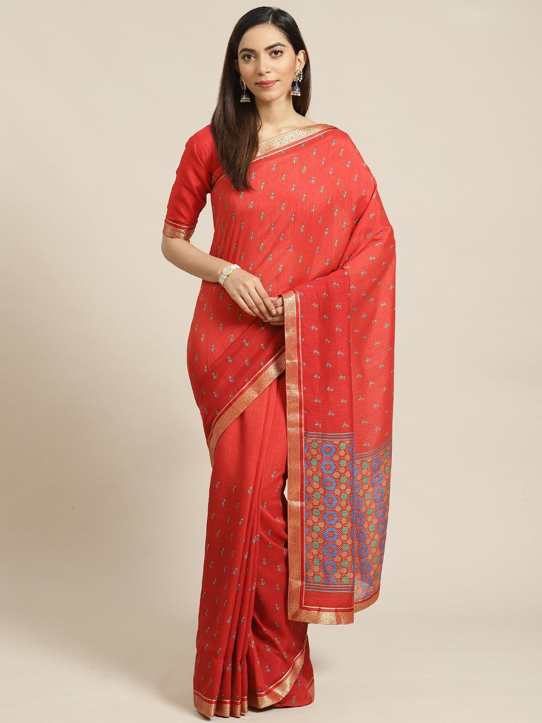 Rust Printed Chiffon Saree