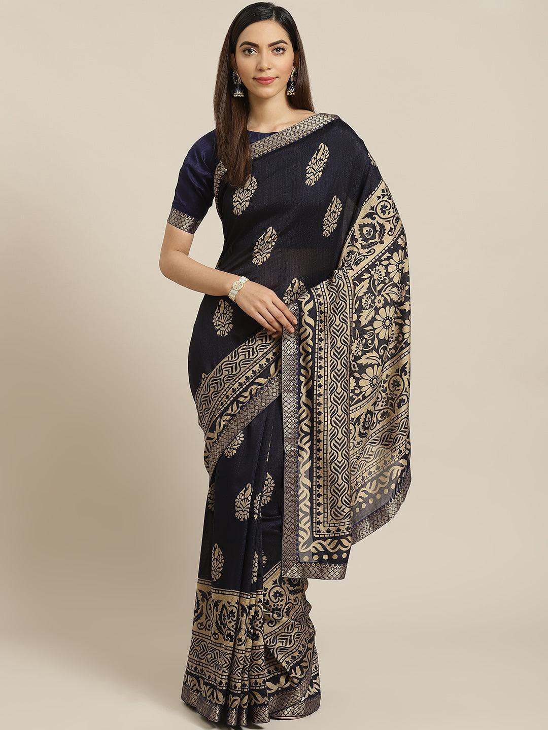 Navy Blue Printed Polyester Saree