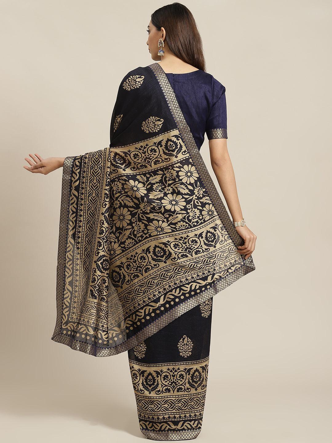 Navy Blue Printed Polyester Saree