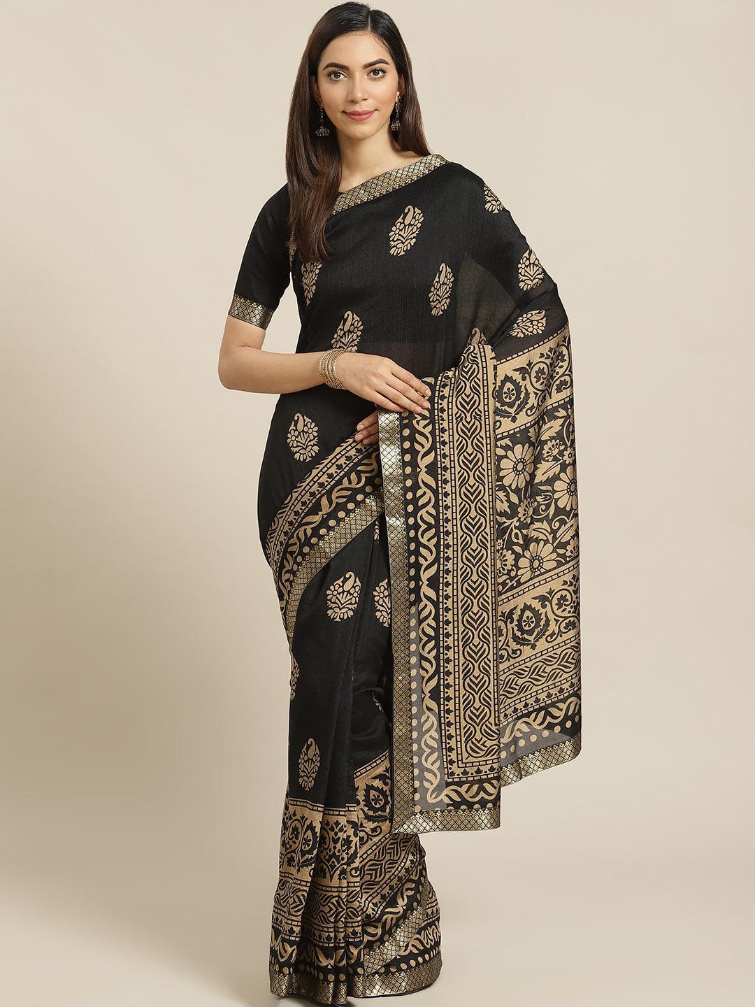 Black Printed Polyester Saree