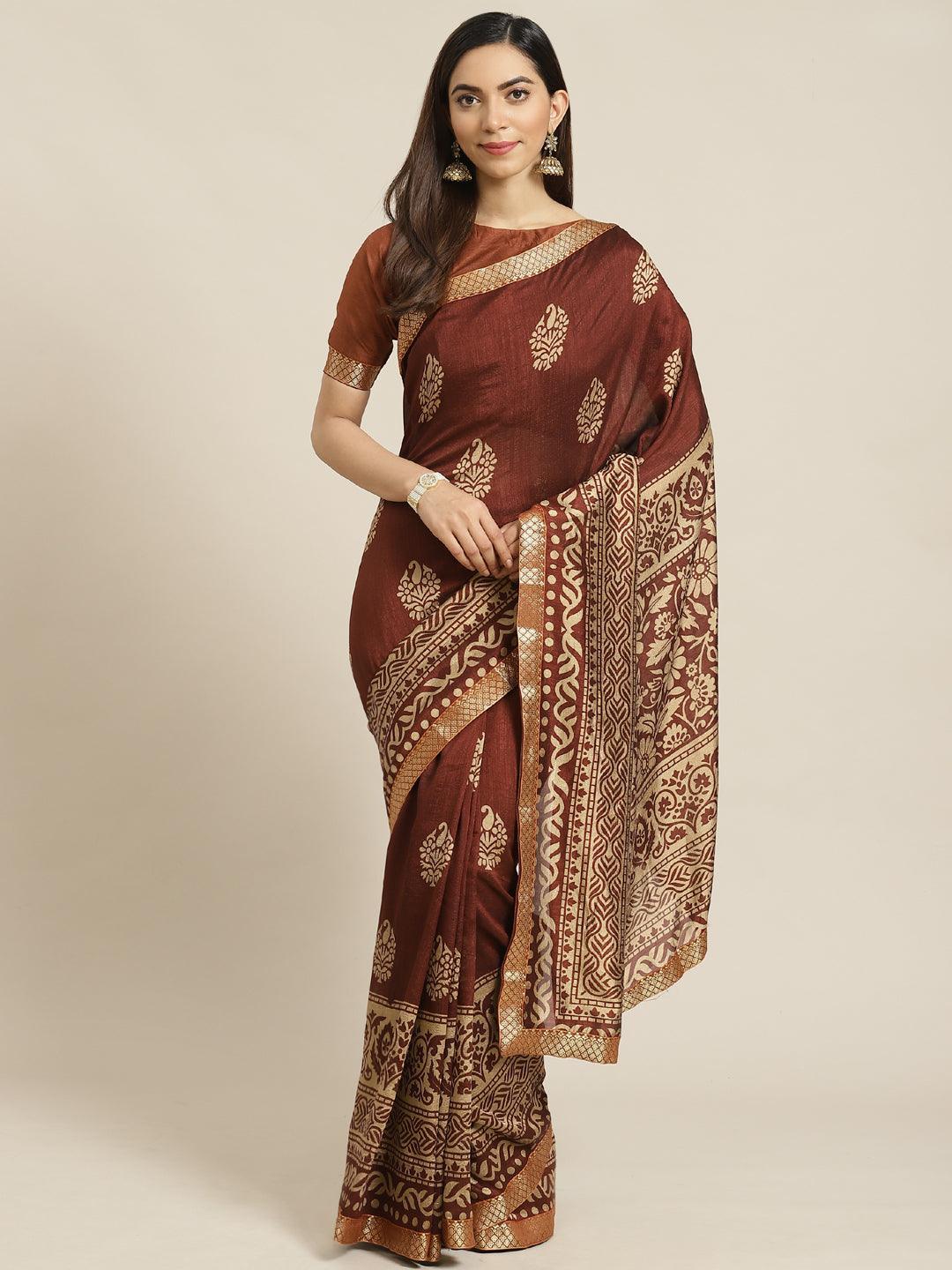 Brown Printed Polyester Saree