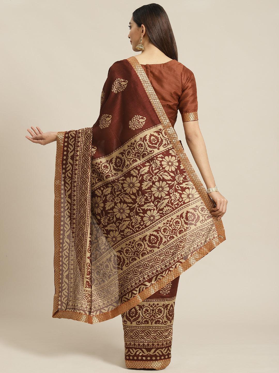 Brown Printed Polyester Saree