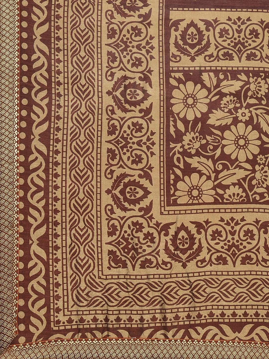 Brown Printed Polyester Saree