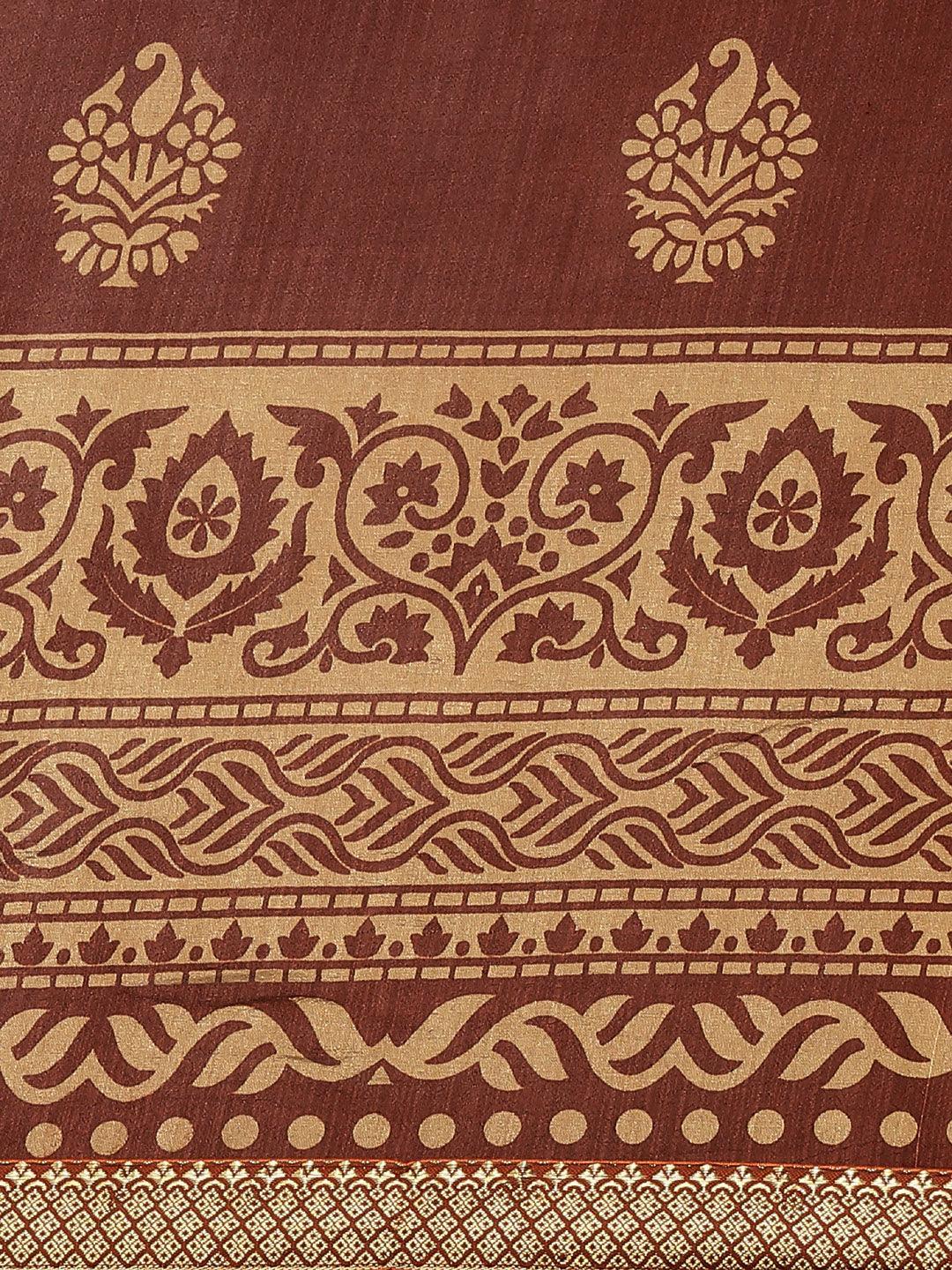 Brown Printed Polyester Saree