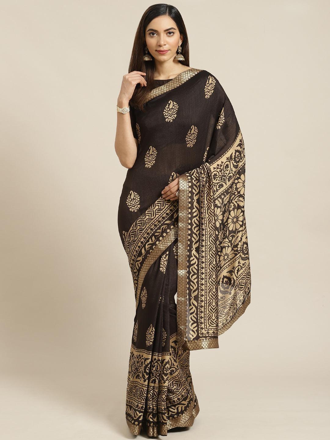 Brown Printed Polyester Saree