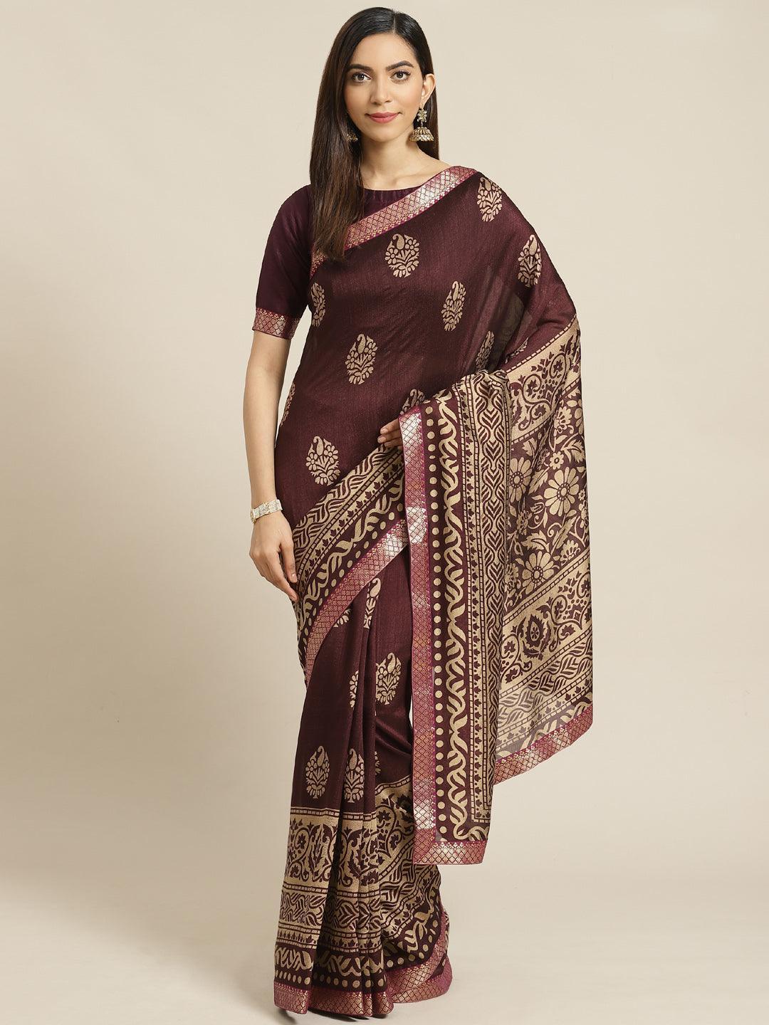 Purple Printed Polyester Saree