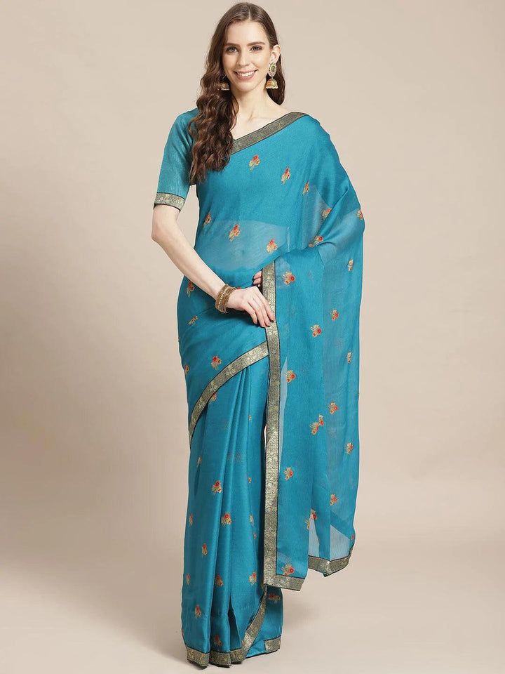 Blue Printed Chiffon Saree - ShopLibas