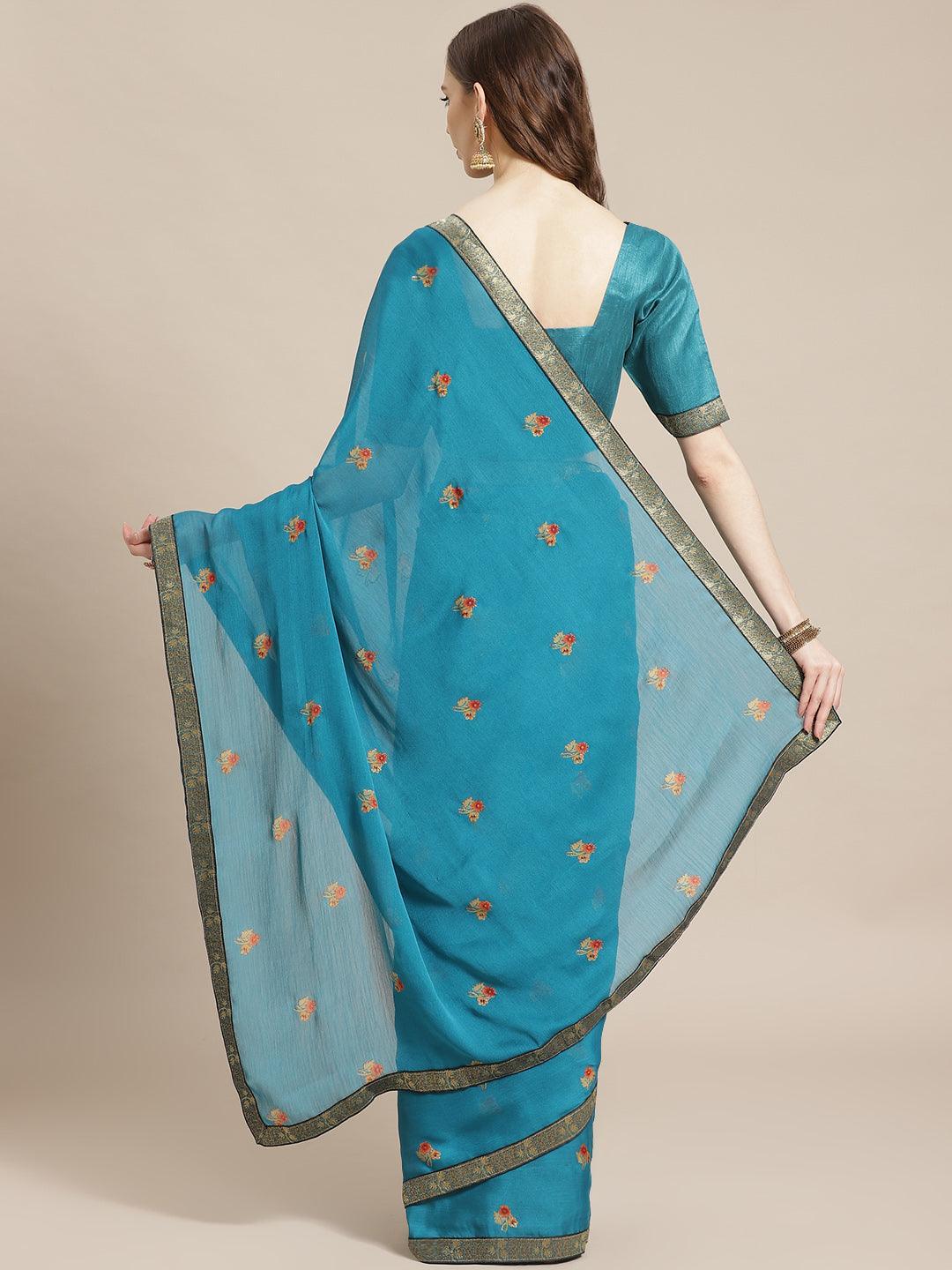 Blue Printed Chiffon Saree - ShopLibas