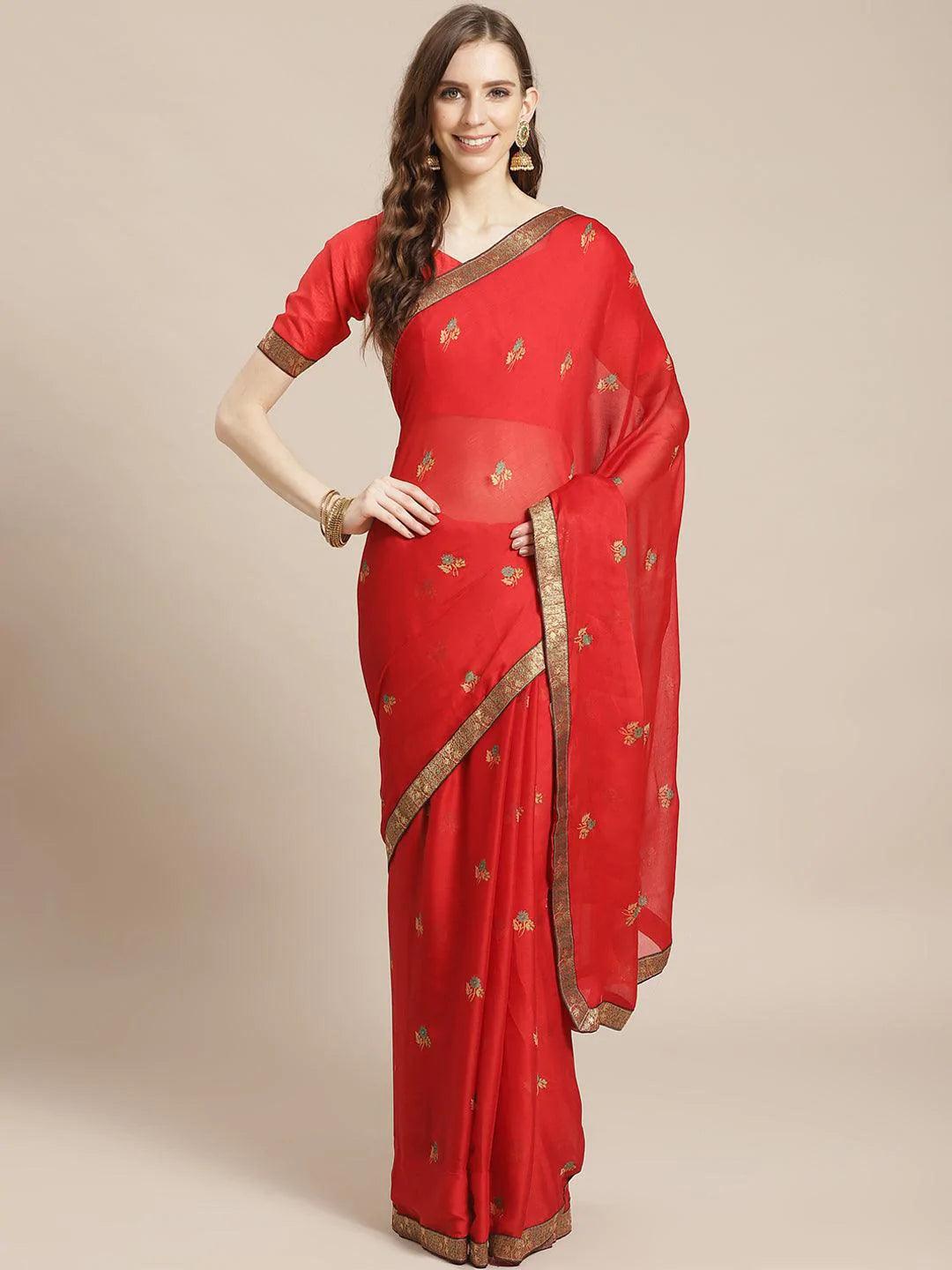 Red Printed Chiffon Saree - ShopLibas