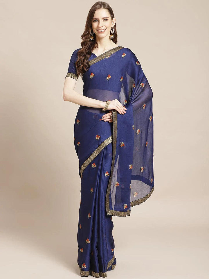 Blue Printed Chiffon Saree - ShopLibas