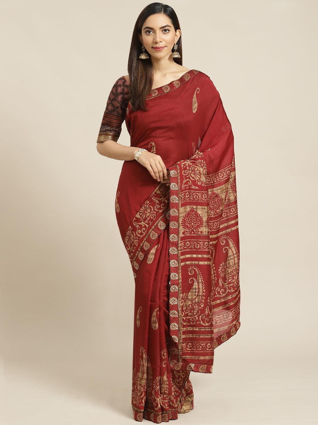 Maroon Printed Chiffon Saree - ShopLibas