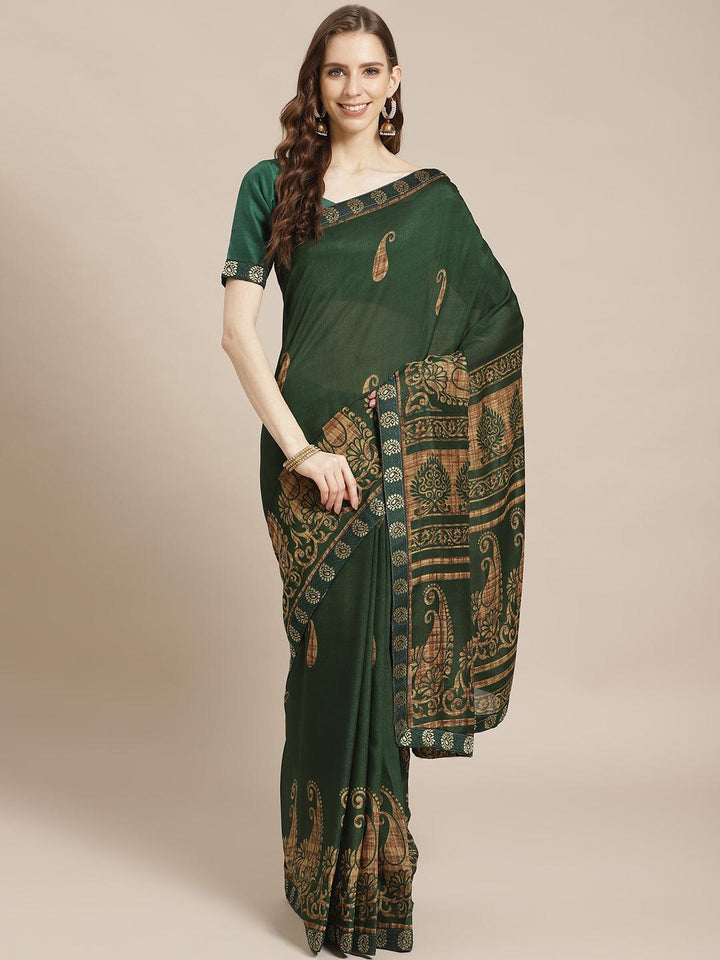 Green Printed Chiffon Saree - ShopLibas