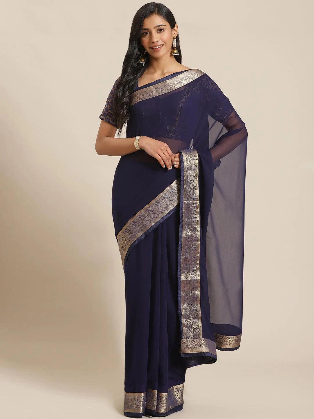 Blue Solid Georgette Saree - ShopLibas