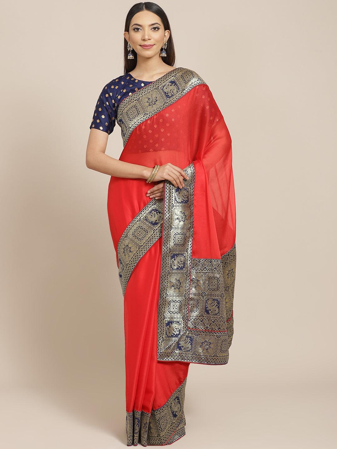 Red Woven Design Chiffon Saree - ShopLibas