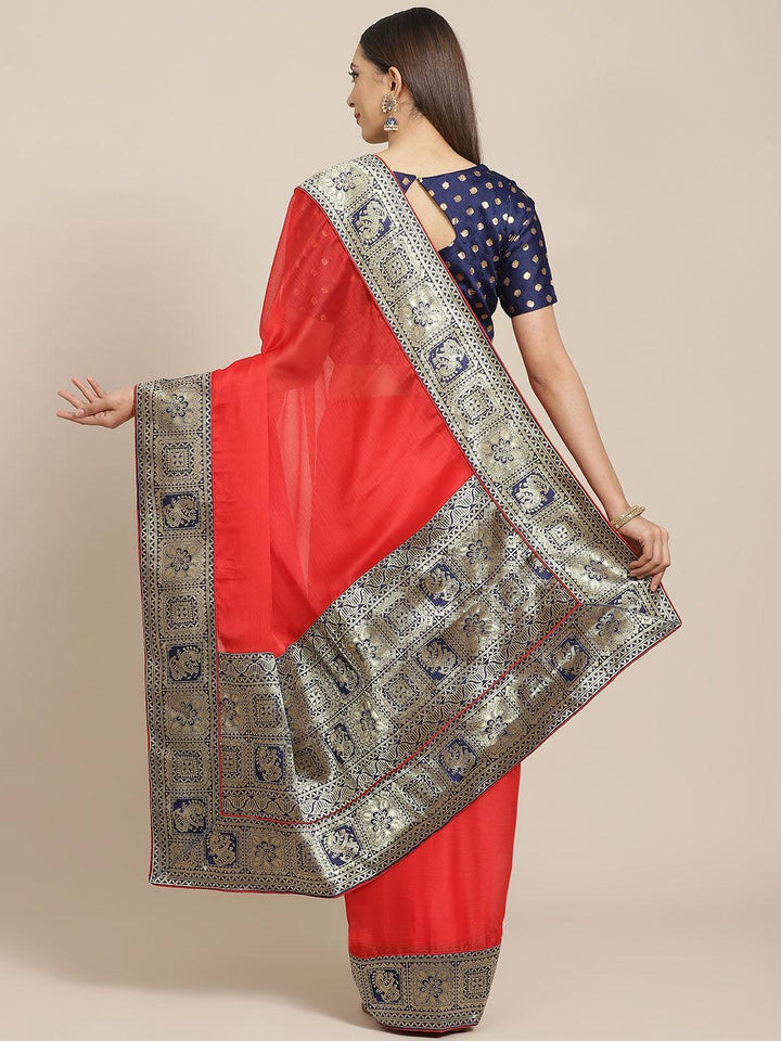 Red Woven Design Chiffon Saree - ShopLibas