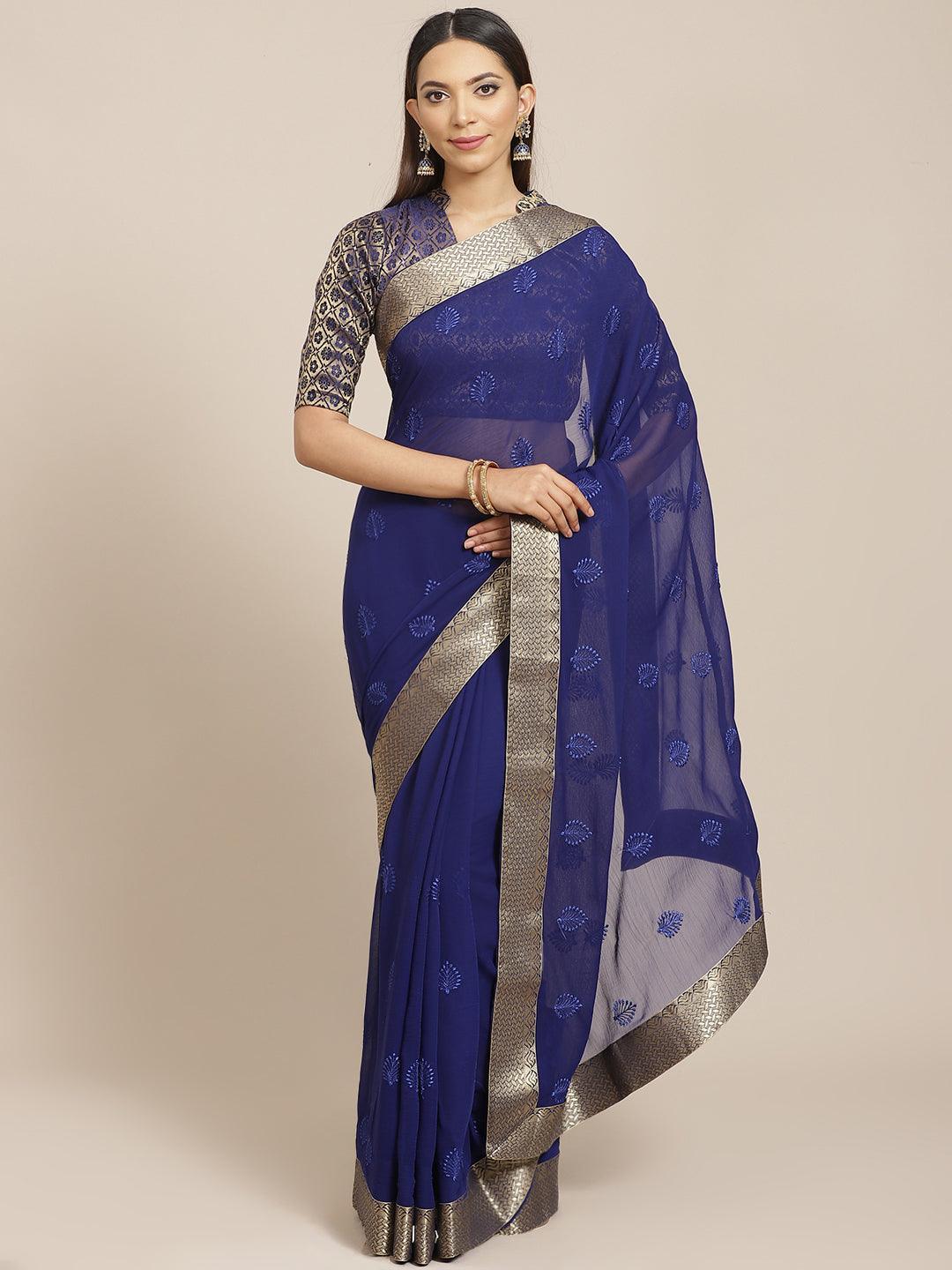 Blue Embroidered Chiffon Saree - ShopLibas