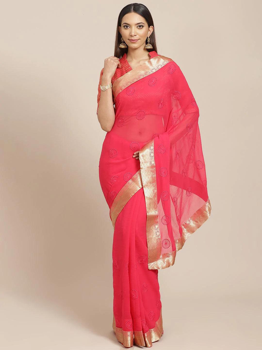 Pink Embroidered Chiffon Saree